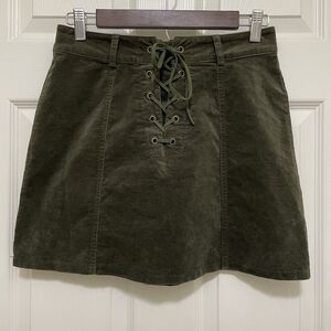 Forever 21 Lace Up Corduroy Mini Skirt Olive‎ Green Velvety Soft Grunge Sz Small
